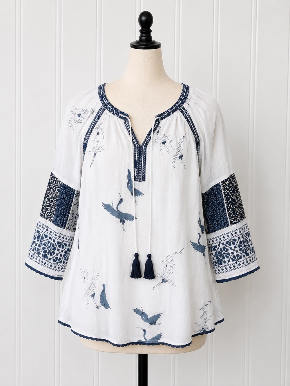 John Mark White Tunic with Navy Embroidered Bird Motif